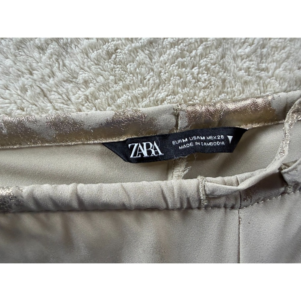 Zara Wide Leg Trousers Womens M Gray Gold‎ Metalic Drawstring Wasit Relaxed Fit - Picture 2 of 7